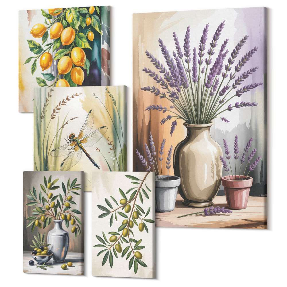 Zestaw obrazów 5 części pentaptyk Kwiatowe kompozycje z oliwkami i cytrynami w stylu rustykalnym
