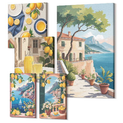 Zestaw obrazów na płótnie pentaptyk Cytryny z widokiem na malownicze krajobrazy