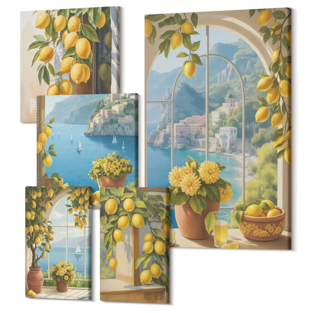 Zestaw obrazów pentaptyk na ścianę Cytrynowe akcenty w stylu prowansalskim z widokami na morze
