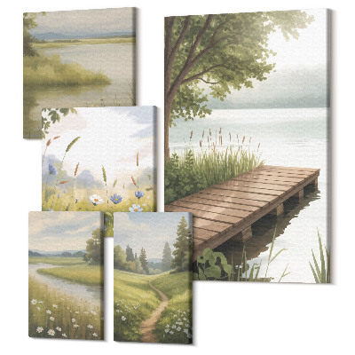 Zestaw obrazów na płótnie pentaptyk Spokojne pejzaże natury z drewnianym pomostem i łąkami