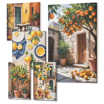Zestaw obrazów pentaptyk na ścianę Owoce cytrusowe w słonecznych ogrodach i na tarasach