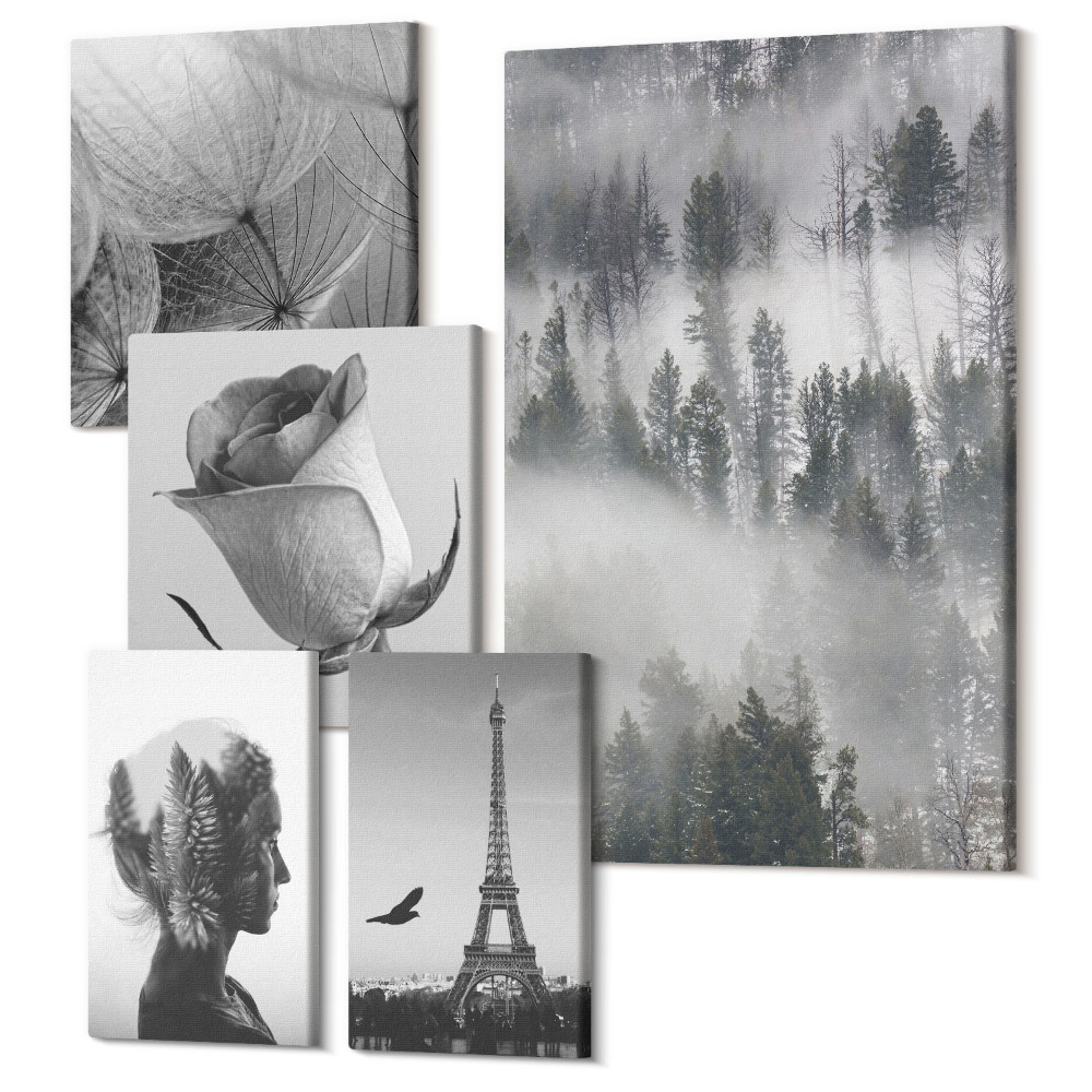 Zestaw obrazów 5 części pentaptyk Czarno-białe inspiracje z naturą i miastem europejskim