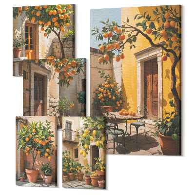 Zestaw obrazów na płótnie pentaptyk Owoce cytrusowe w słonecznych ogrodach i tarasach