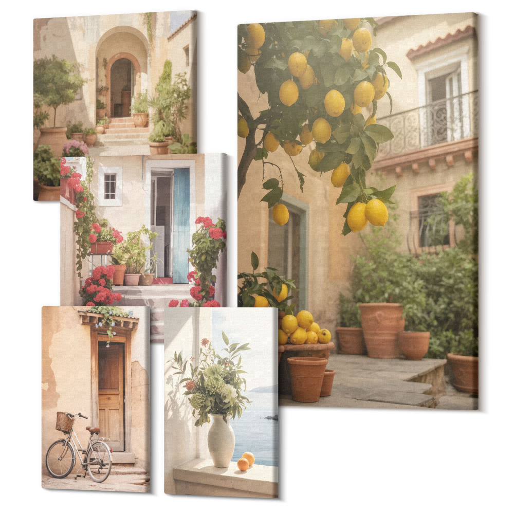 Zestaw obrazów pentaptyk na ścianę Klimatyczne uliczki z kwiatami i cytrusami w stylu prowansalskim