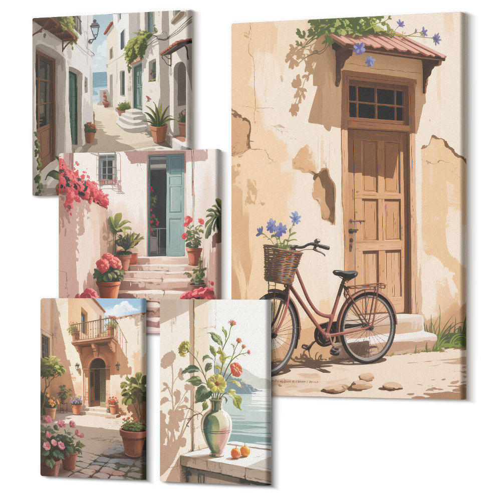 Zestaw obrazów 5 części pentaptyk Urokliwe uliczki z rowerem i kwiatami w donicach