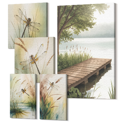 Zestaw obrazów 5 części pentaptyk Spokojne krajobrazy z ważkami nad wodą i brzegiem