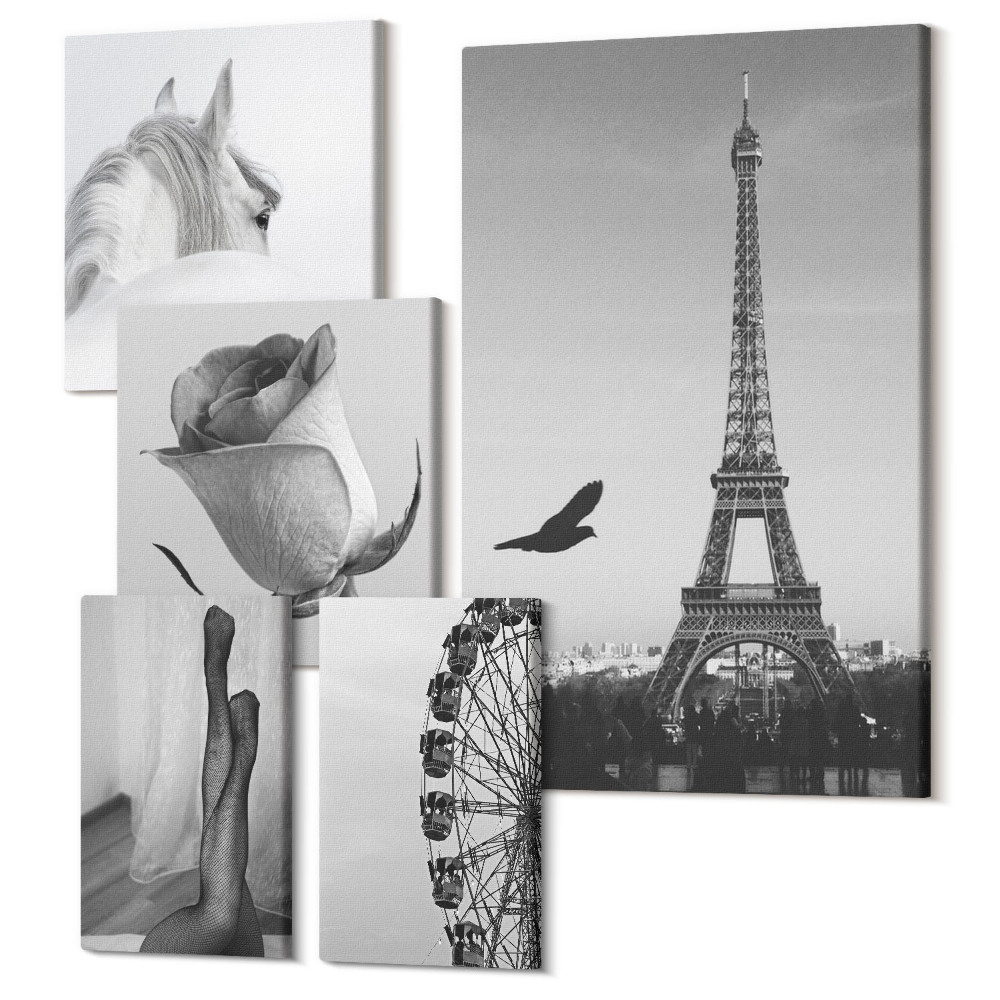Zestaw obrazów pentaptyk na ścianę Stylowe czarno-białe obrazy z Paryżem i elegancją
