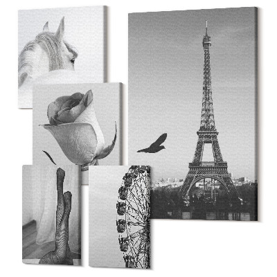 Zestaw obrazów pentaptyk na ścianę Stylowe czarno-białe obrazy z Paryżem i elegancją