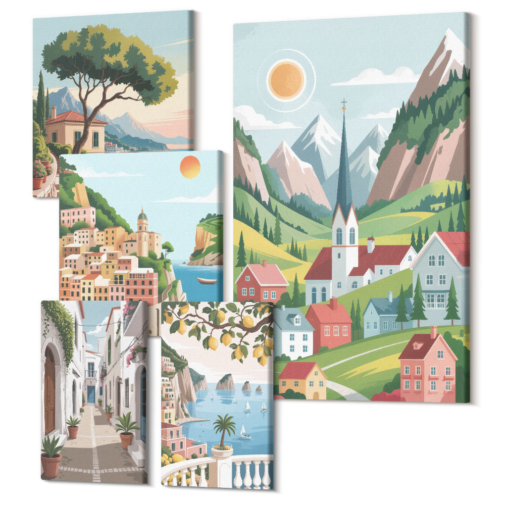 Zestaw obrazów na płótnie pentaptyk Urokliwe pejzaże górskie i nadmorskie miasteczka