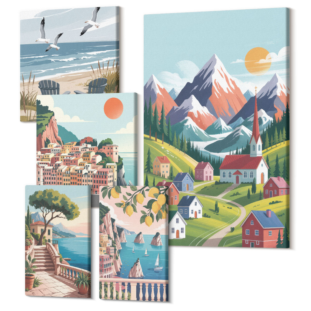Zestaw obrazów 5 części pentaptyk Krajobrazy górskie i nadmorskie w stylu retro