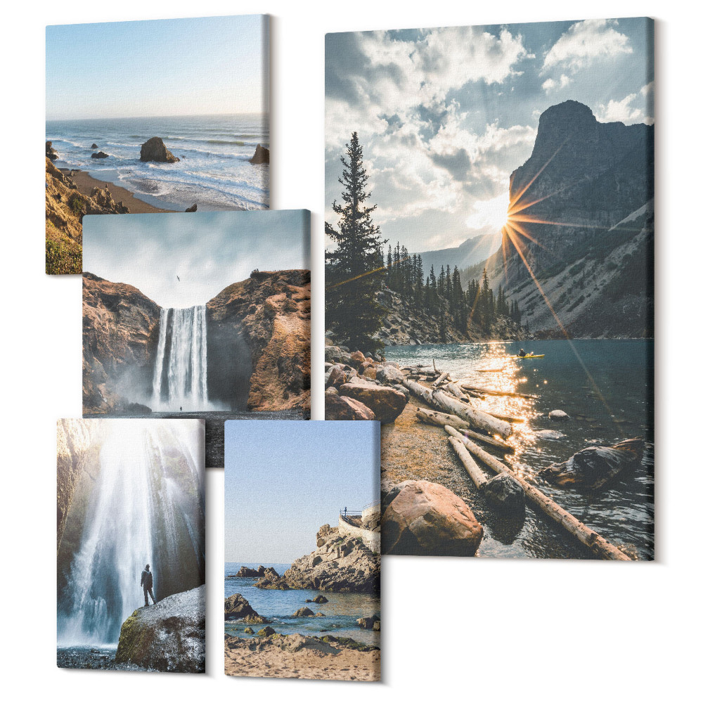 Zestaw obrazów na płótnie pentaptyk Krajobrazy natury z wodospadami i malowniczymi plażami