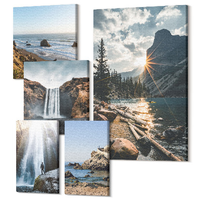 Zestaw obrazów na płótnie pentaptyk Krajobrazy natury z wodospadami i malowniczymi plażami