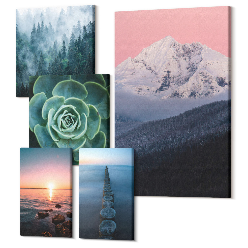 Zestaw obrazów pentaptyk na ścianę Naturalne krajobrazy góry morza rośliny w stylu boho