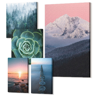 Zestaw obrazów pentaptyk na ścianę Naturalne krajobrazy góry morza rośliny w stylu boho