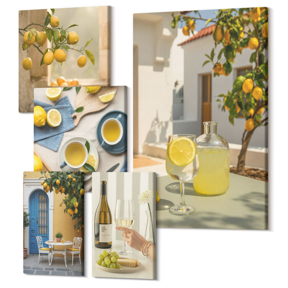 Zestaw obrazów na płótnie pentaptyk Motyw cytryn w stylu rustykalnym do kuchni