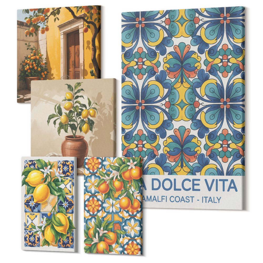 Zestaw obrazów na płótnie pentaptyk Włoskie motywy cytrusowe w stylu śródziemnomorskim