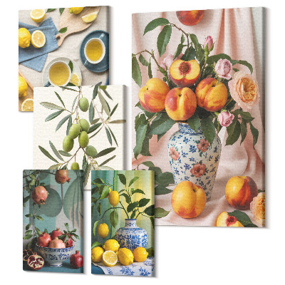 Zestaw obrazów na płótnie pentaptyk Owoce i kwiaty w stylu rustykalnym na dekorację wnętrz