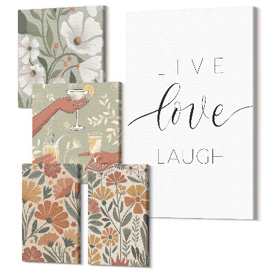 Zestaw obrazów pentaptyk na ścianę Stylowe grafiki z motywami kwiatowymi i pozytywnymi hasłami