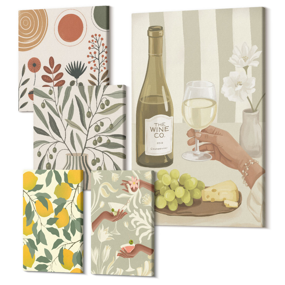 Zestaw obrazów 5 części pentaptyk Stylowe dekoracje w klimacie winiarskim i botanicznym