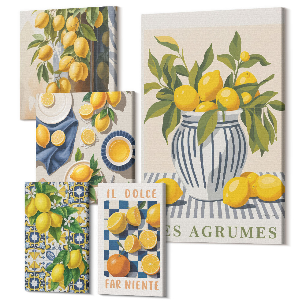 Zestaw obrazów na płótnie pentaptyk Cytrusowe inspiracje w stylu prowansalskim dekoracje ścienne