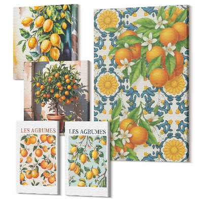 Zestaw obrazów pentaptyk na ścianę Cytrusowe inspiracje z owocami i kwiatami w stylu vintage