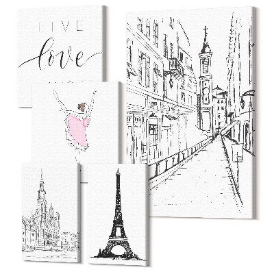 Zestaw obrazów 5 części pentaptyk Stylowe inspiracje z paryskimi akcentami i cytatami