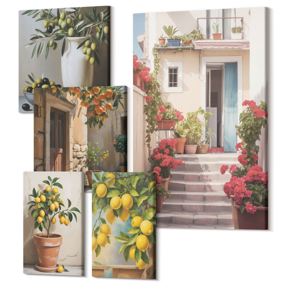 Zestaw obrazów 5 części pentaptyk Klimatyczne widoki na śródziemnomorskie uliczki z cytrynami