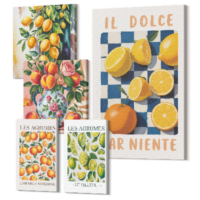 Zestaw obrazów na płótnie pentaptyk Cytrusowe inspiracje w stylu retro do kuchni