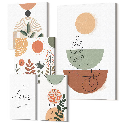 Zestaw obrazów na płótnie pentaptyk Stylowe grafiki z roślinnymi motywami i geometrycznymi kształtami