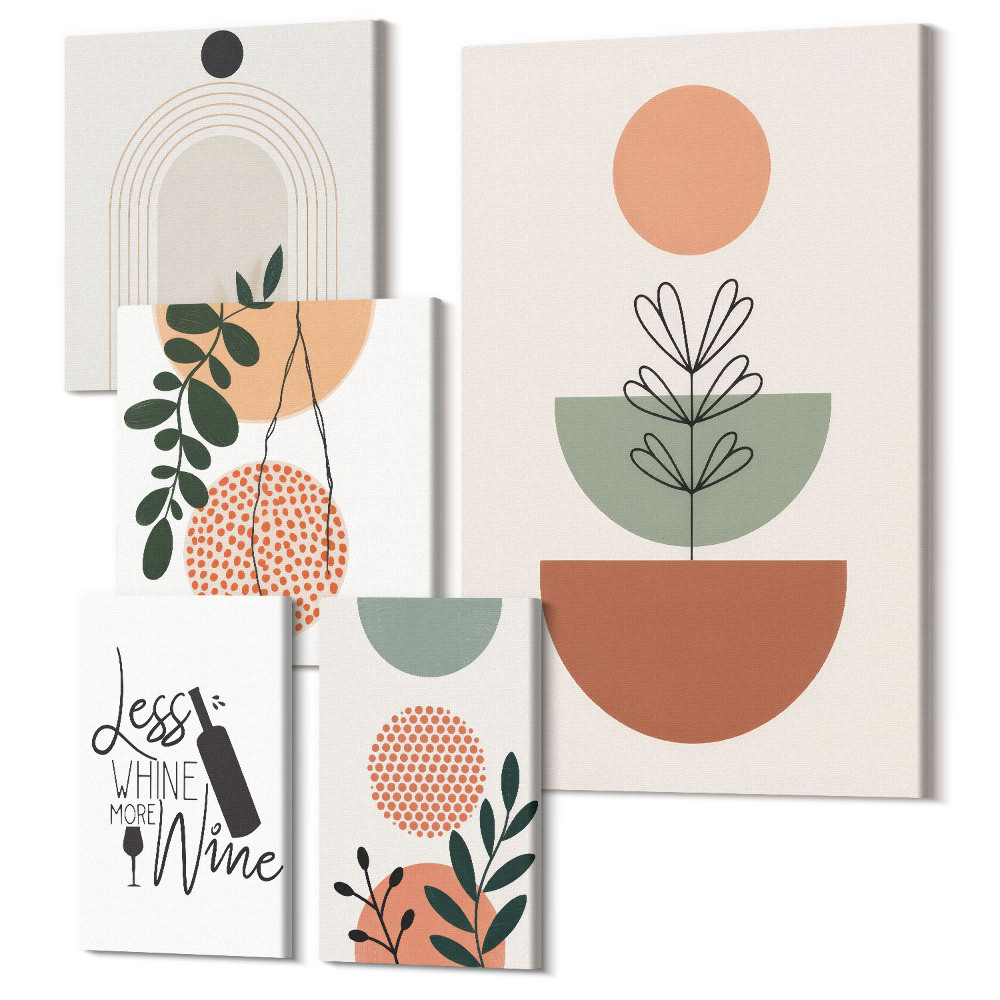 Zestaw obrazów pentaptyk na ścianę Stylowe dekoracje z roślinnymi motywami i hasłami