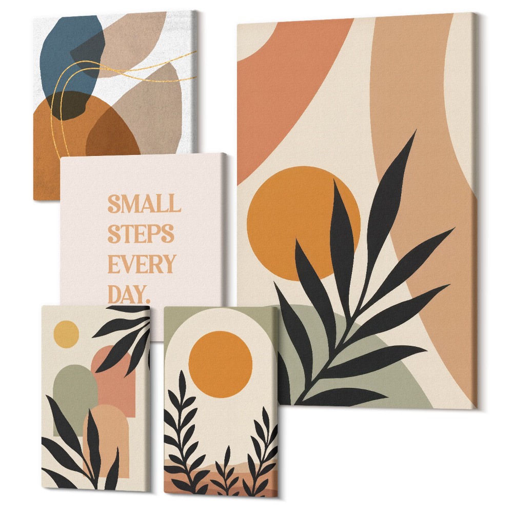 Zestaw obrazów 5 części pentaptyk Stylowe grafiki z roślinnymi motywami i abstrakcyjnymi kształtami