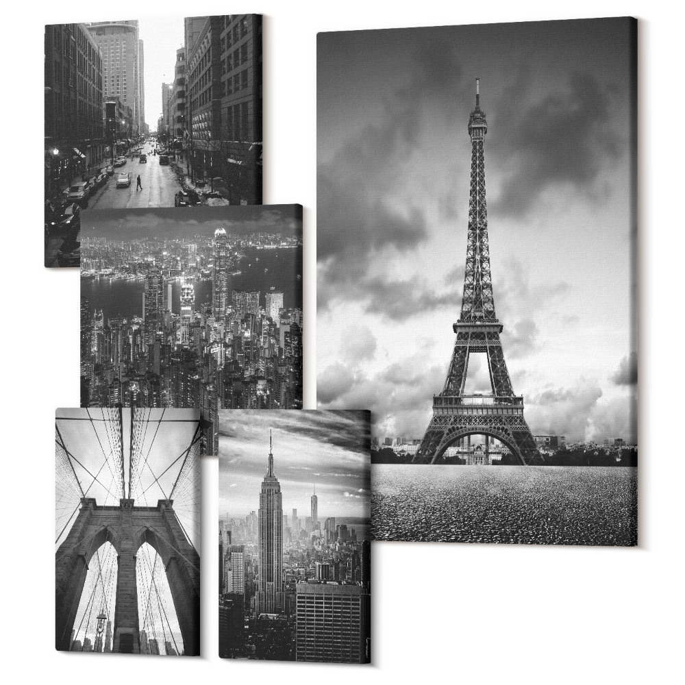 Zestaw obrazów pentaptyk na ścianę Ikony architektury w stylu czarno-białym z miast świata