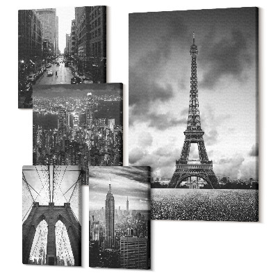 Zestaw obrazów pentaptyk na ścianę Ikony architektury w stylu czarno-białym z miast świata