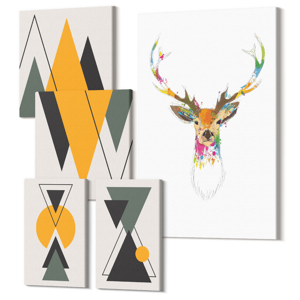 Zestaw obrazów na płótnie pentaptyk Styl boho z kolorowymi motywami zwierzęcymi i geometrycznymi