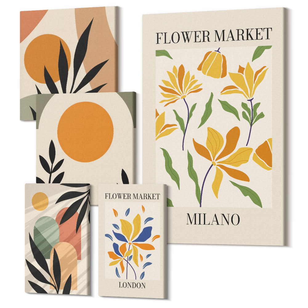 Zestaw obrazów pentaptyk na ścianę Kwiatowe motywy i abstrakcyjne kompozycje w stylu boho