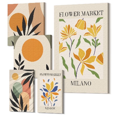 Zestaw obrazów pentaptyk na ścianę Kwiatowe motywy i abstrakcyjne kompozycje w stylu boho