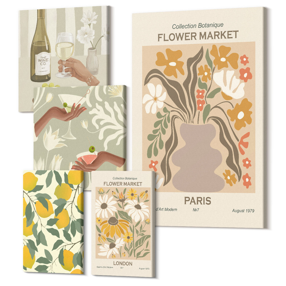 Zestaw obrazów 5 części pentaptyk Kwiatowe rynki i owocowe akcenty w stylu vintage