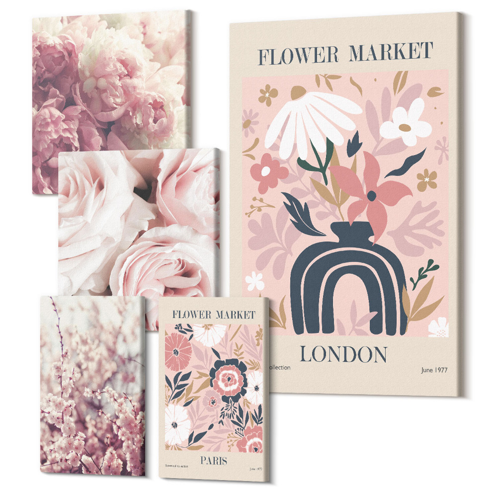 Zestaw obrazów na płótnie pentaptyk Kwiatowe motywy w stylu boho i romantycznym dekoracje