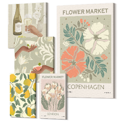 Zestaw obrazów pentaptyk na ścianę Kwiatowe rynki i owocowe inspiracje w stylu vintage