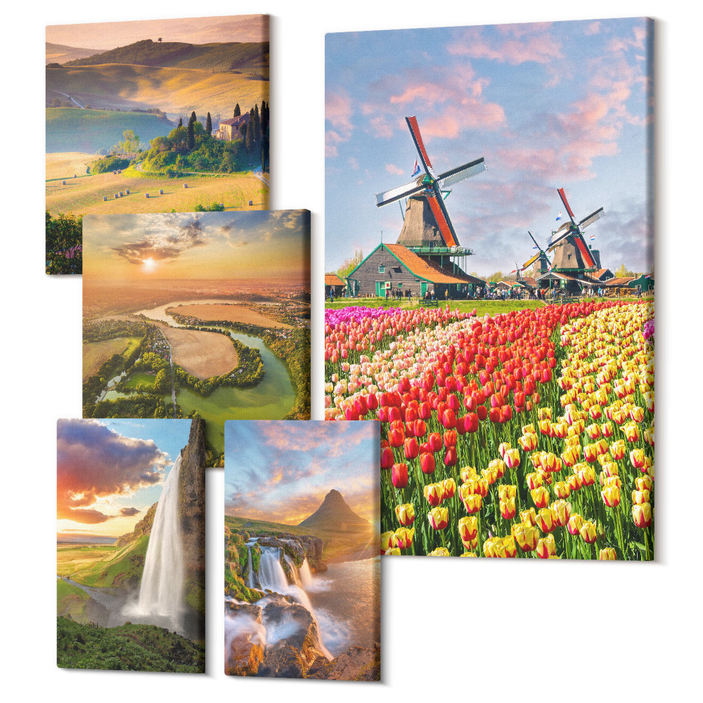 Zestaw obrazów 5 części pentaptyk Krajobrazy natury z wodospadami i wiatrakami w tle