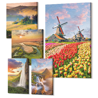 Zestaw obrazów 5 części pentaptyk Krajobrazy natury z wodospadami i wiatrakami w tle