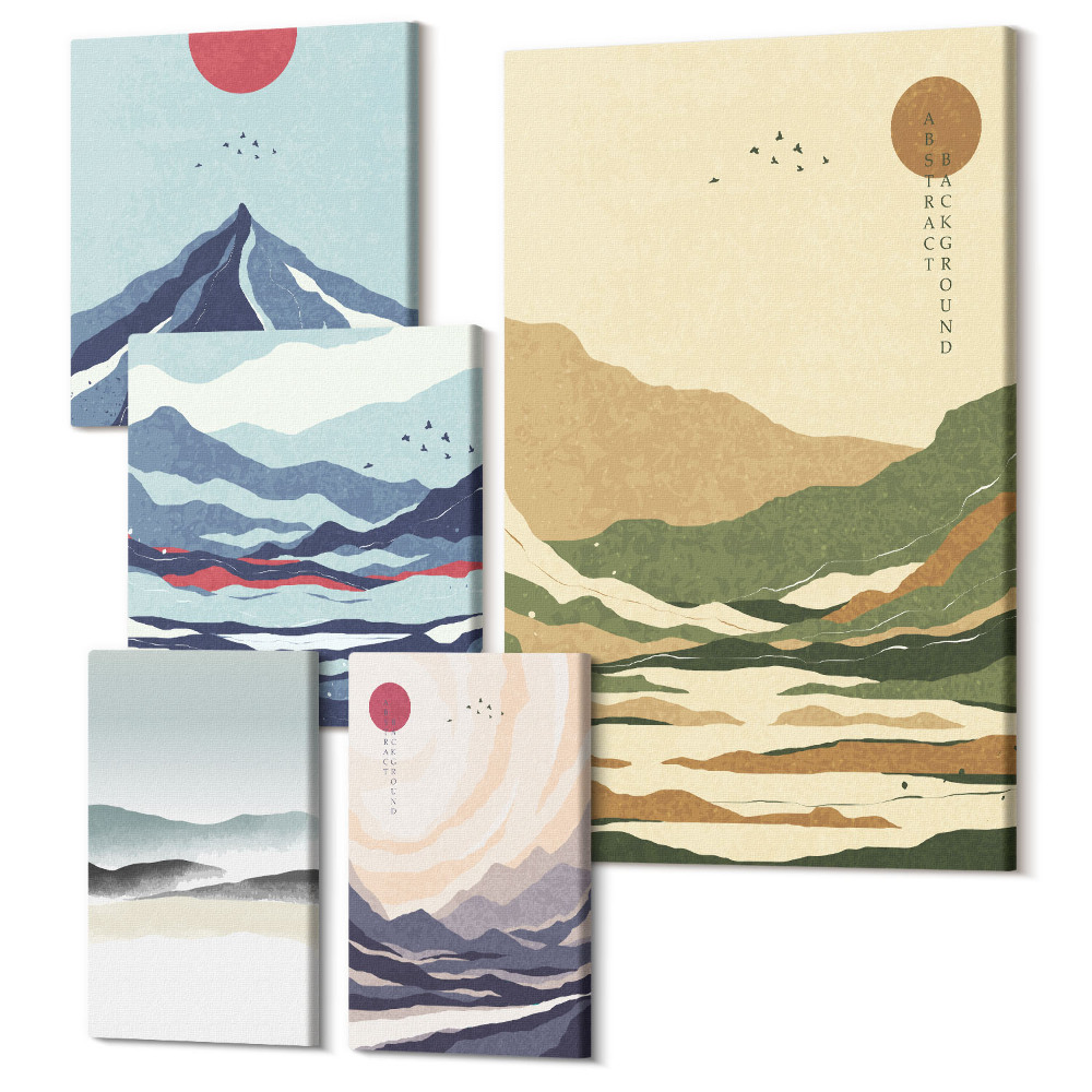 Zestaw obrazów pentaptyk na ścianę Krajobrazy górskie z minimalistycznymi motywami natury