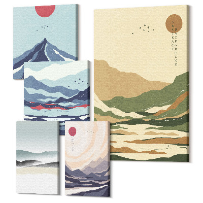Zestaw obrazów pentaptyk na ścianę Krajobrazy górskie z minimalistycznymi motywami natury