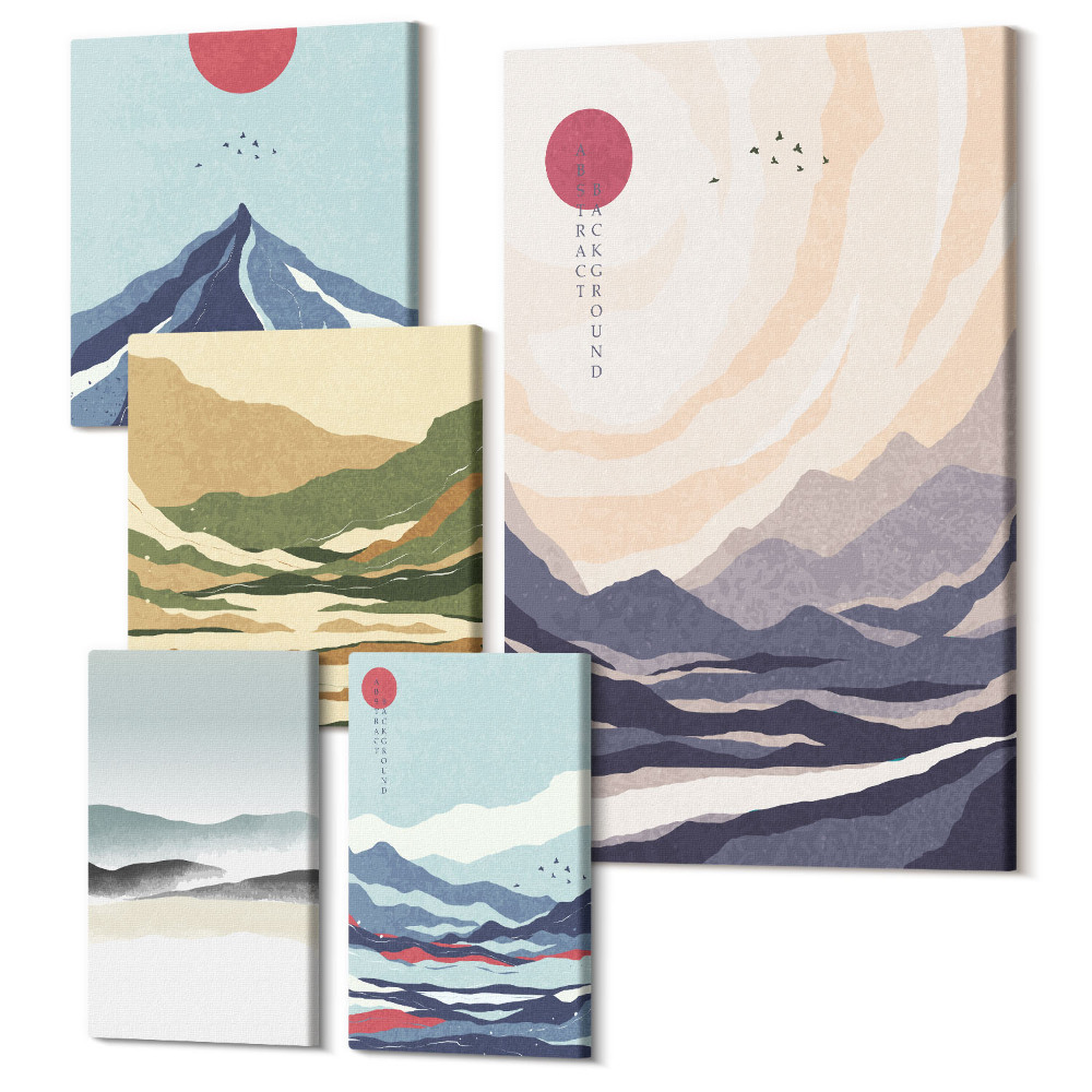 Zestaw obrazów na płótnie pentaptyk Abstrakcyjne pejzaże górskie z minimalistycznymi motywami