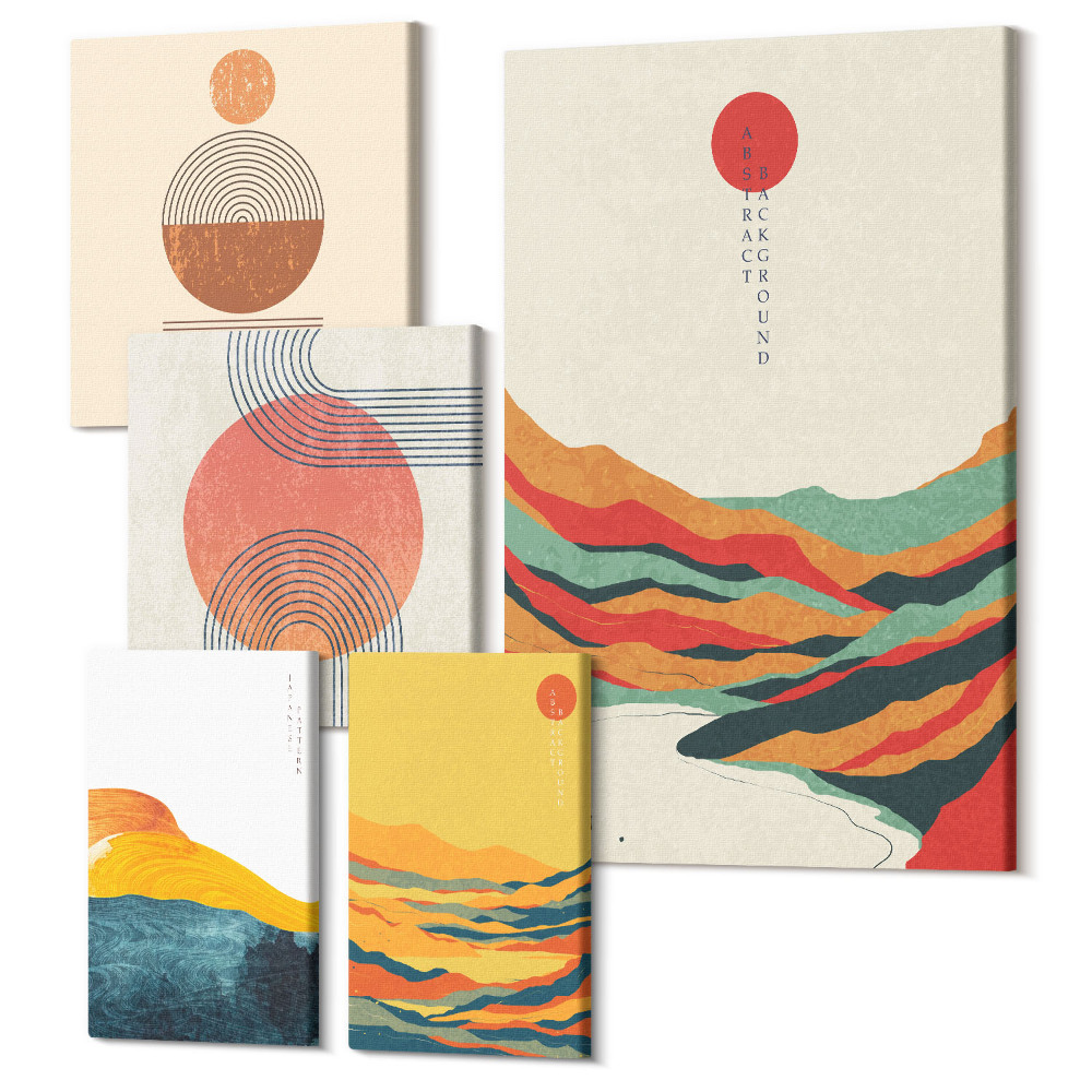 Zestaw obrazów pentaptyk na ścianę Abstrakcyjne pejzaże z geometrycznymi kształtami i kolorami