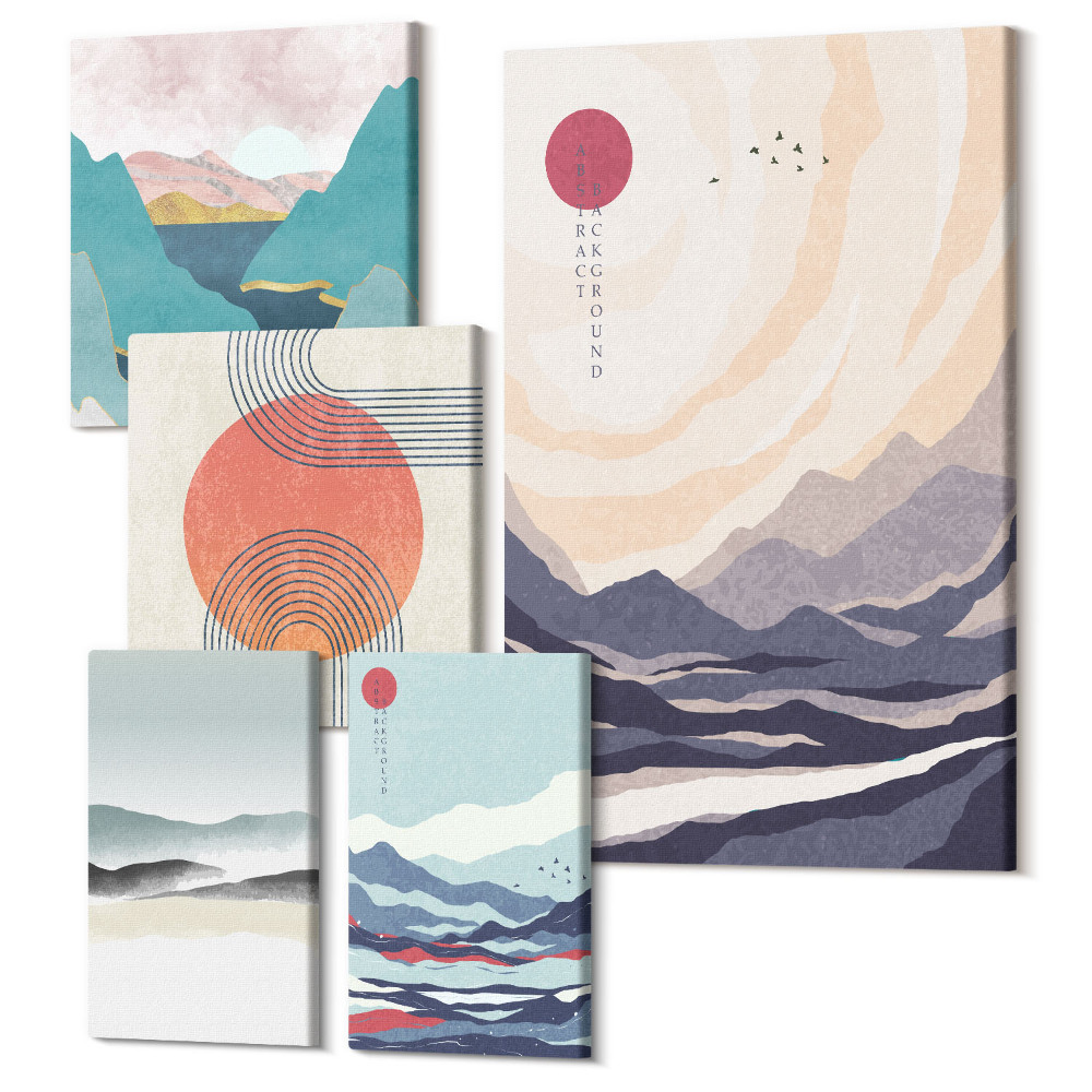 Zestaw obrazów 5 części pentaptyk Abstrakcyjne krajobrazy górskie i geometryczne formy