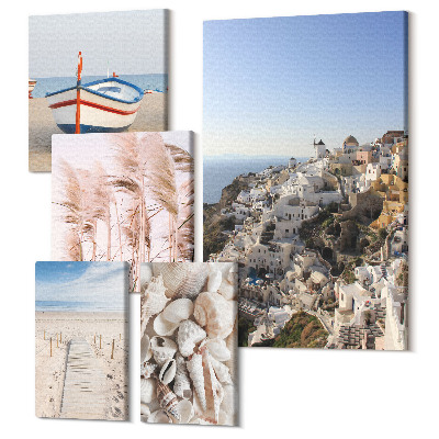 Zestaw obrazów na płótnie pentaptyk Krajobrazy nadmorskie z plażami i białymi budynkami