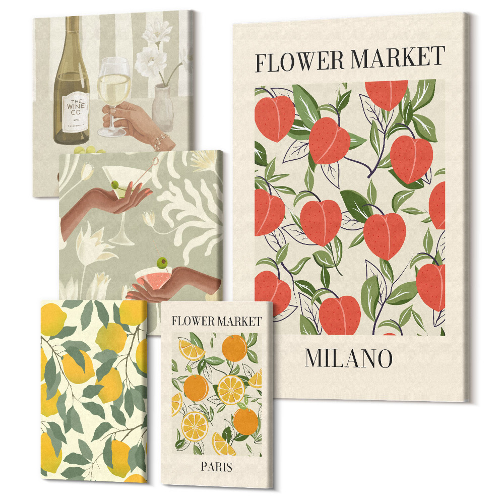 Zestaw obrazów na płótnie pentaptyk Kwiatowe targi owoce w stylu vintage z miast europejskich