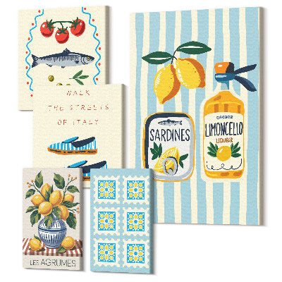 Zestaw obrazów na płótnie pentaptyk Kuchenne inspiracje z Włoch cytrusy i owoce morza