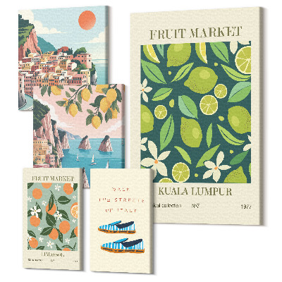 Zestaw obrazów pentaptyk na ścianę Tropikalne owoce i widoki z wakacyjnych miejsc